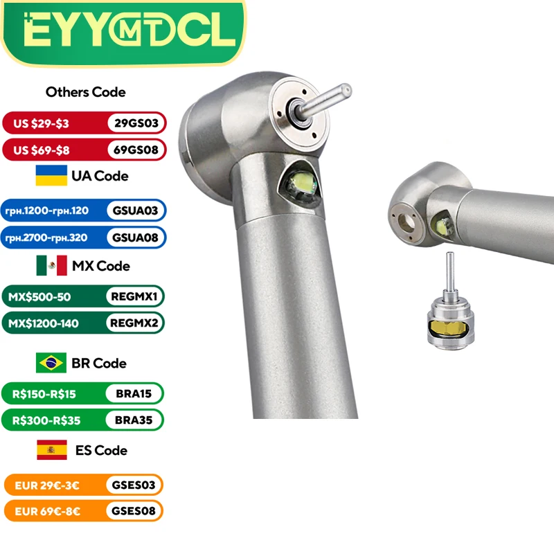 Eyy led caneta de mão dental de alta rotação, rolamentos cerâmicos, botão gerador eletrônico, 2 furos, 4 furos, aço inoxidável, led de alta