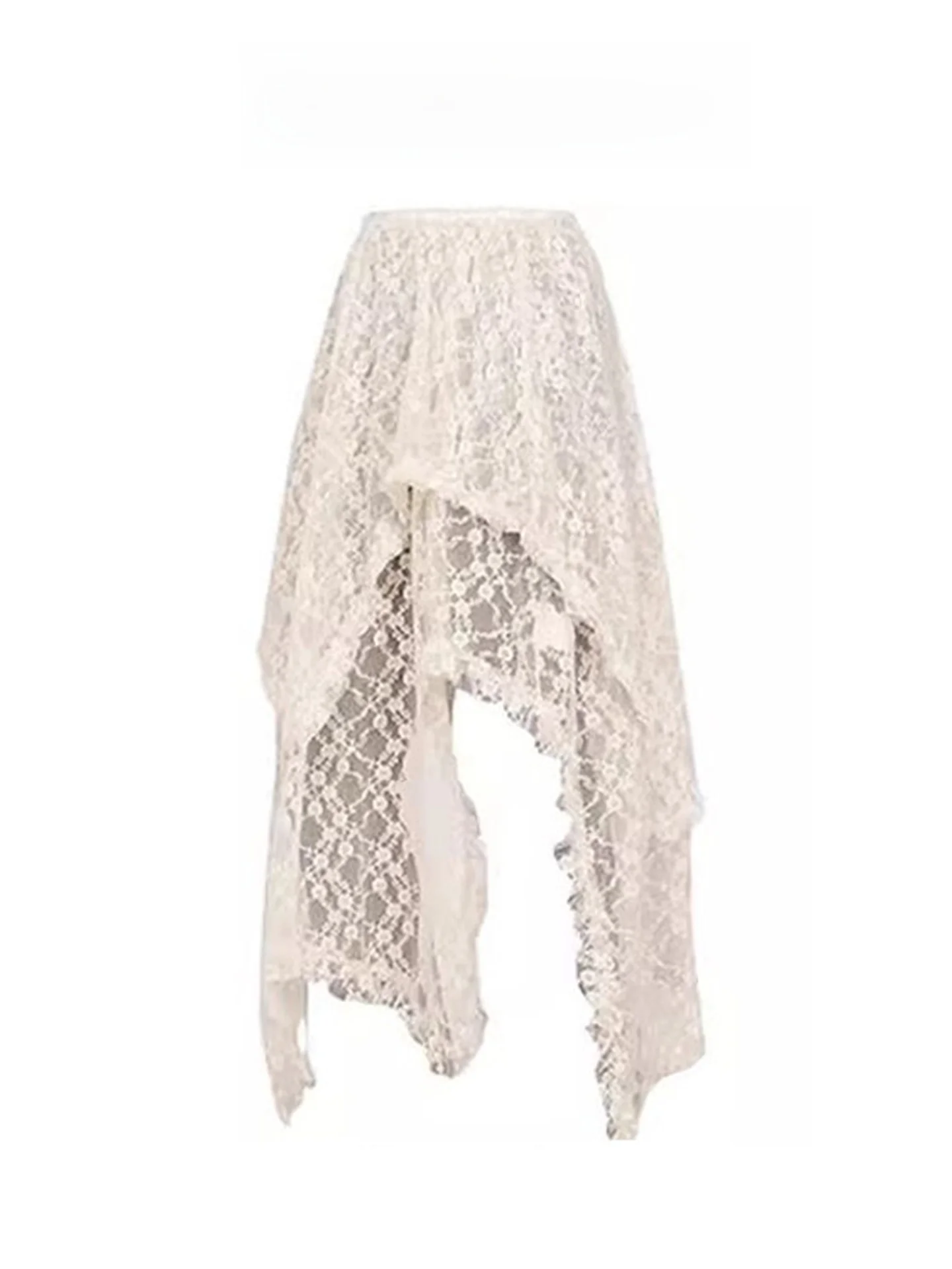 

Женская юбка миди с асимметричным кружевным декором, весна-лето, тонкая, стильная, универсальная, сетчатая, А-силуэт, с эффектом фартука