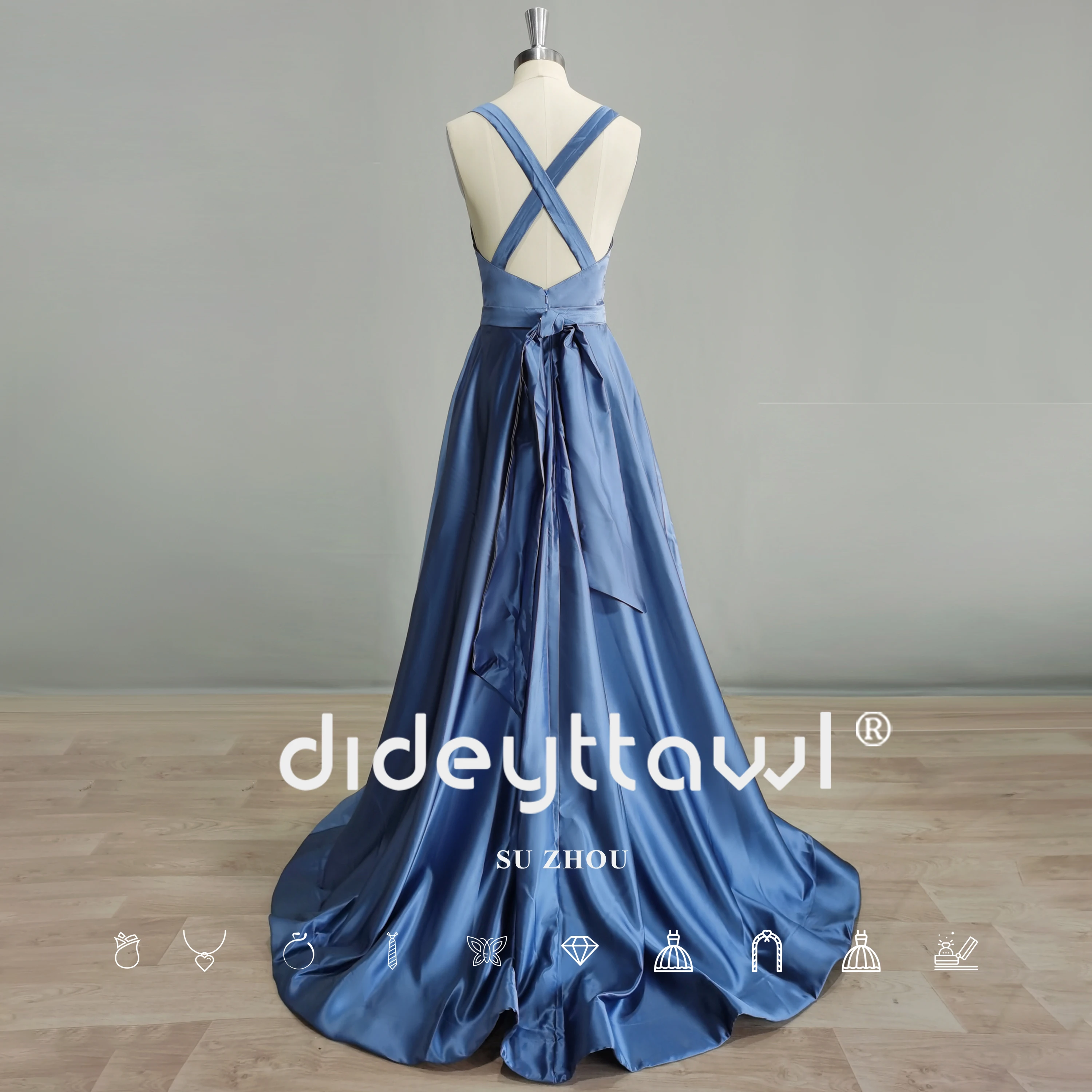 DIDEYTTAWL Real Photos Saqure Neck Criss Cross Sleeveless Prom Gown Belt Spaghetti Straps A Line Evening Dress