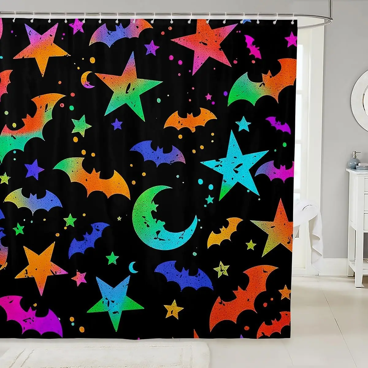 

Bats Shower Curtain Colorful Starry Sky Curtain for Kids Children Toddler,Multicolor Stars Bathtubs Shower Curtain Set Halloween