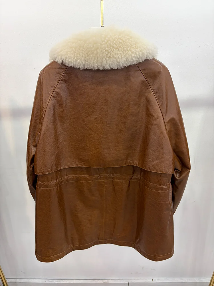 Women's Warm Natural Merino Sheep Fur Collar Coat Goose Down Jacket Genuine Sheepskin Leather Jacket Luxury Puffer Jacket
