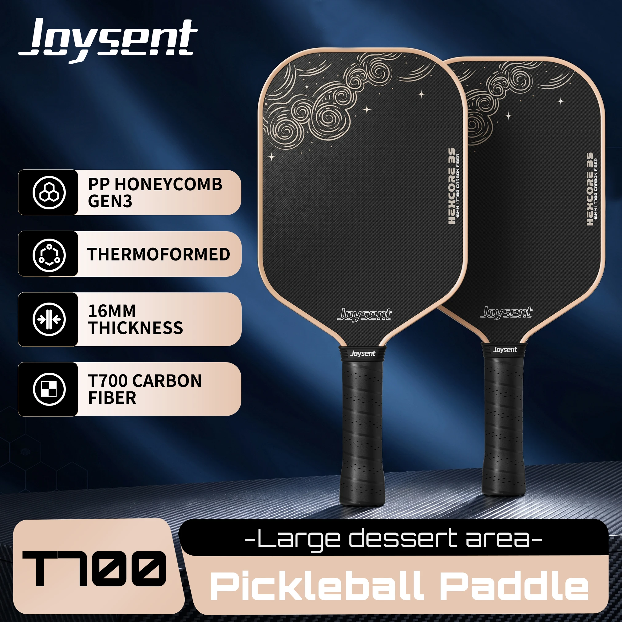 Joysent T700 Carbon Fiber Pickleball Paddle PP Honeycomb Gen3 Core Thermoformed 16MM Pickleball Racket For Control&Spin Paddle