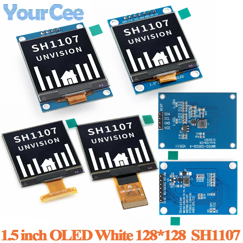 1,5-дюймовый OLED-дисплей, модуль ЖК-экрана 1,5 дюйма, драйвер SH1107, последовательный порт, экран 128*128, белый безрамочный дисплей 128x128