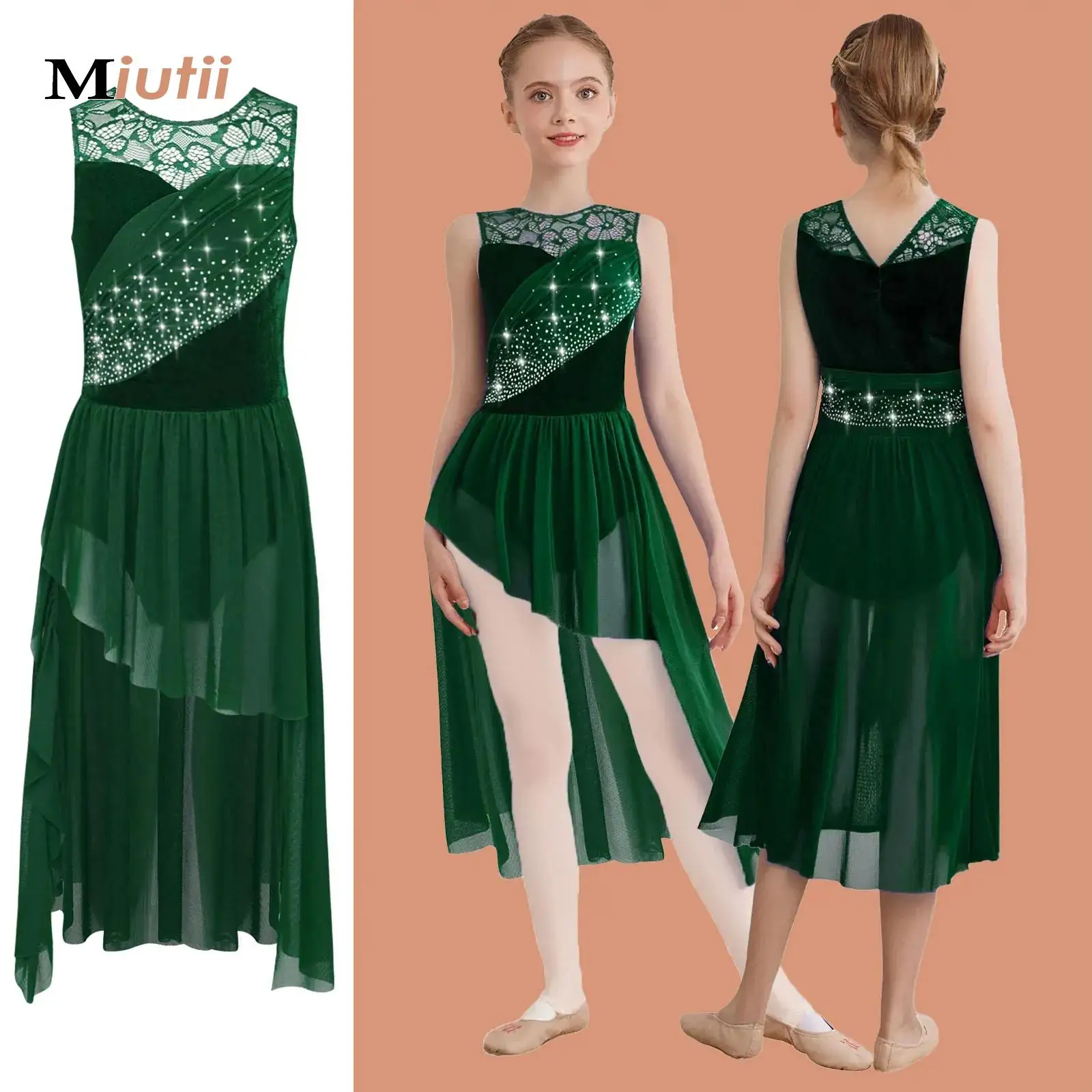 

Kids Gymnastics Acrobatics Ballet Jersey Lyrical Dance Costume Girls Lace Ruched Mesh Overlay Sparkly Rhinestones Leotards Dress