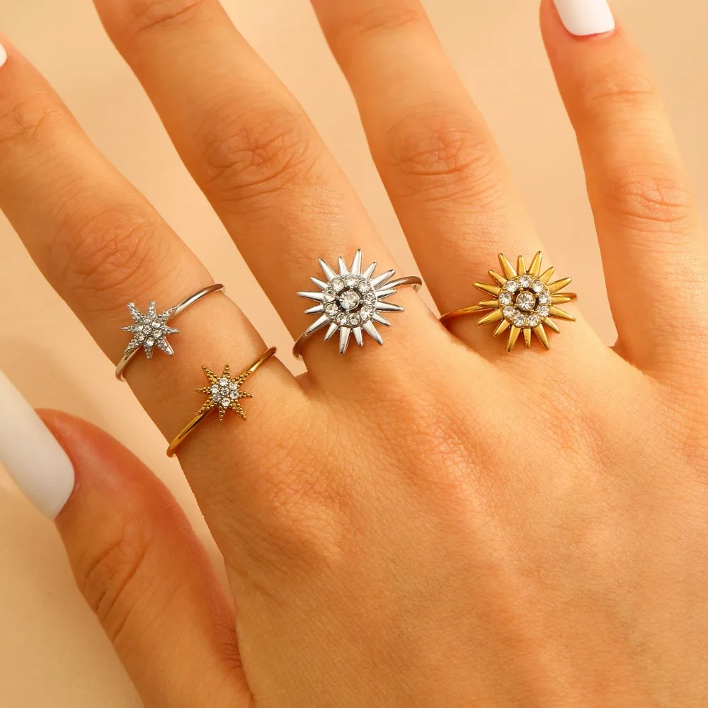 Retro Charm Sparkling Full Zircon Sun Flower Start Adjustable Opening Ring for Women Stainless Steel Finger Jewelry Accessories