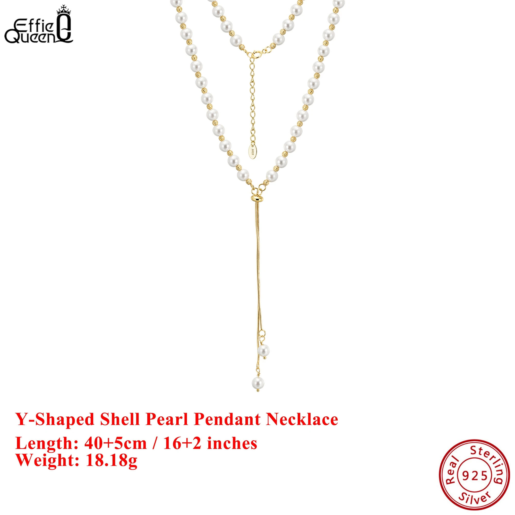 

Effie Queen 100% 925 Sterling Silver 14k Gold Y-Shaped Round Shell Pearl Pendant Necklace Trendy Jewelry for Women Banquet PSN14