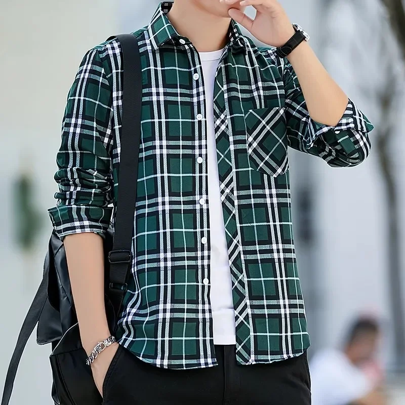 Casual Plaid Shirt Men Slim Fit Cotton Wool Male Long Sleeve Shirts Men Fashion Brand Plus Size M-5XL 2023 Spring New