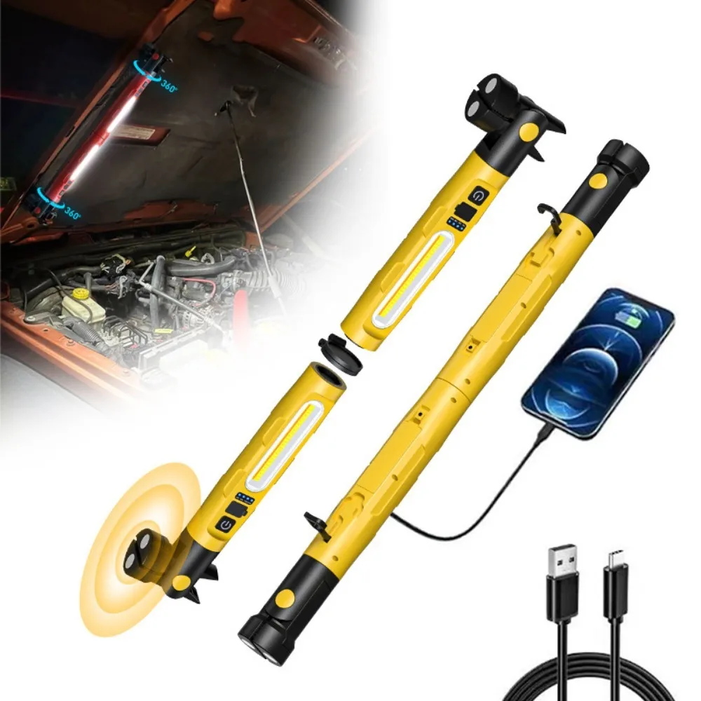 Portable Magnetic Underhood COB Work Light Type-C Rechargeable Handheld Flashlight with Hooks Rotating for Emergency Car Repair