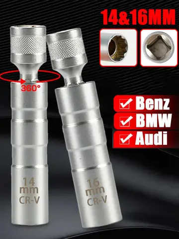 Spark Plug Socket Wrench Adapter 14mm16mm Set Universal Joint with Magnetic Flexible Socket Thin Wall 3/8" Drive Car Repair Tool