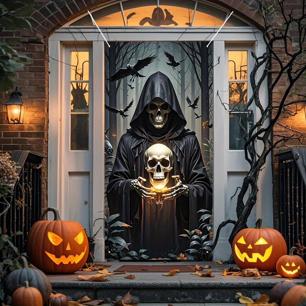 2D-Türflagge, Halloween-Vorhangdekoration, Polyesterfaser, Geisterwald- und Totenkopf-Design, festliche Heimdekoration