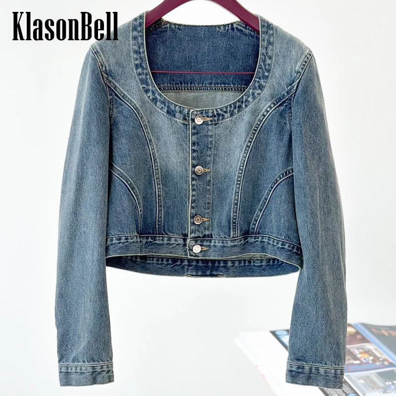 

10.8 KlasonBell Women 2024 Autumn Winter New Simple U-Neck Short Jacket Washed Distressed Spliced Long Sleeve Coat