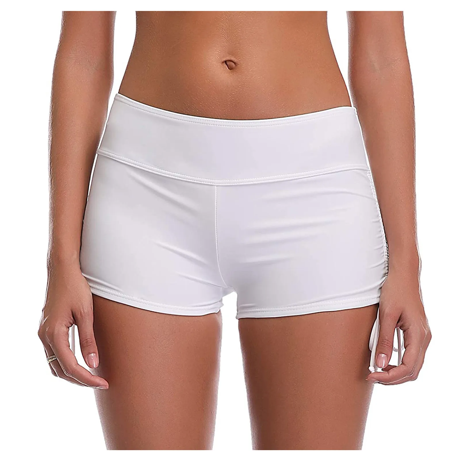 Pantalones cortos de baño de cintura alta para mujer, traje de baño deportivo elástico con cordón, de Color sólido parte inferior de Tankini, Bikini