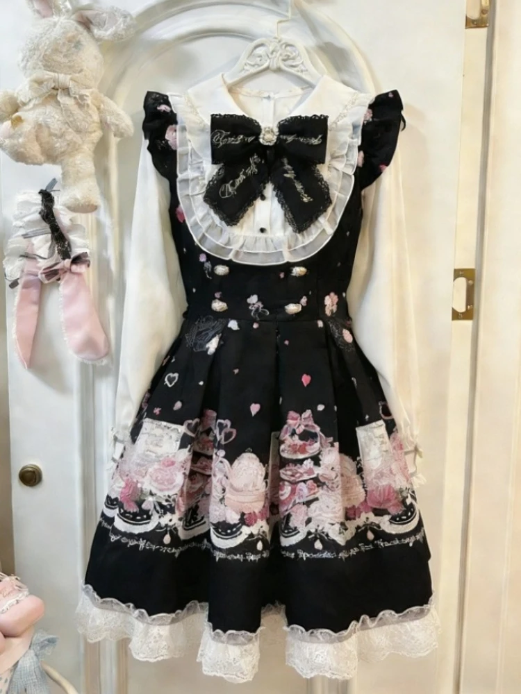 Japanische JK Süße Gefälschte Zwei Stück Kawaii Kleid Neue Gedruckt Bogen Mode Lolita Dünne Kleider Harajuku Vintage Anzüge Fee Frauen