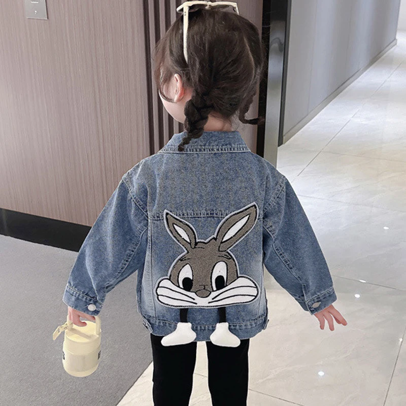 3 4 5 6 8 10 12 Years Girls Denim Jacket Cartoon Rabbit Pattern Lapel  Fashion Coats For Teen-agers Girls Outdoor Windbreaker