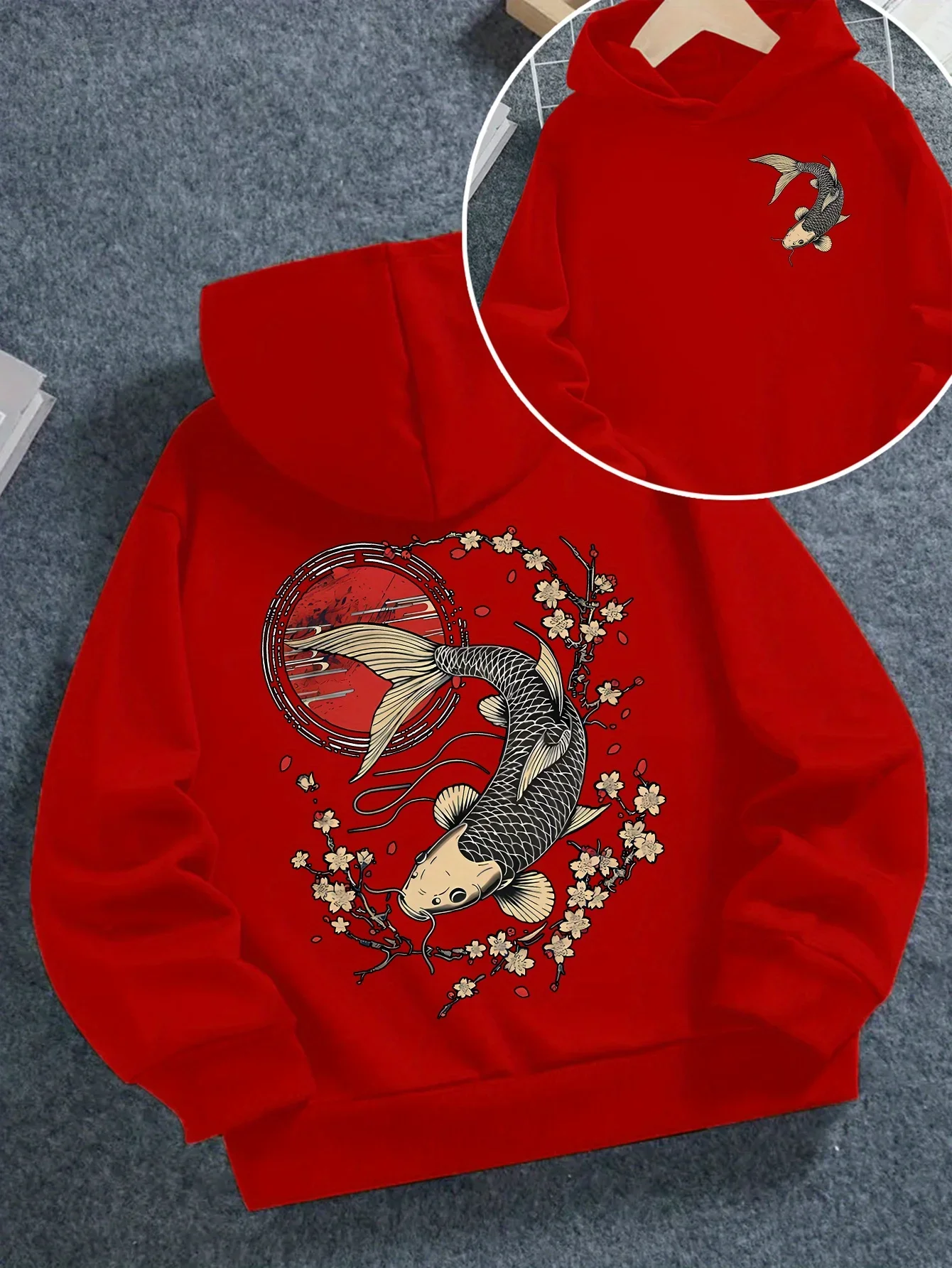 Oriental Koi Fish Kids Hoodie Traditional Sakura Floral Back Art Print Autumn Winter Fleece Warm Children Trendy Sweatshirt