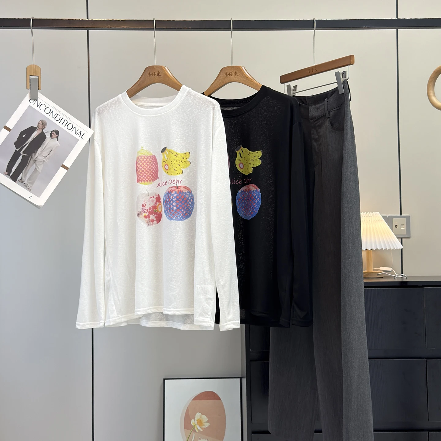 

Lightweight Long Sve T-irt Fruit Print Drapey Cool Feeling Lenzing Skin-friendly Lazy Sle Women's Top Breathable Thin ...