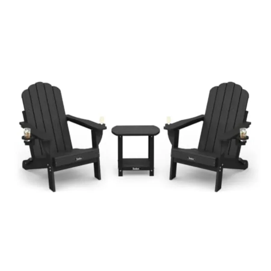 Folding Adirondack Chair 3-Piece Set for Outdoor Use, HDPE Material with Wood Grain Finish, Gray Color, Heavy-duty 380lb Capaci
