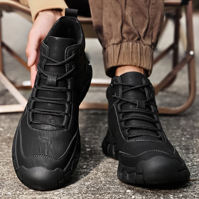 Nuovi scarponi da trekking in pelle retrò da uomo antiscivolo suola spessa foderati caldi (peluche/pile) per campeggio all'aperto Trekking Autunno Inverno