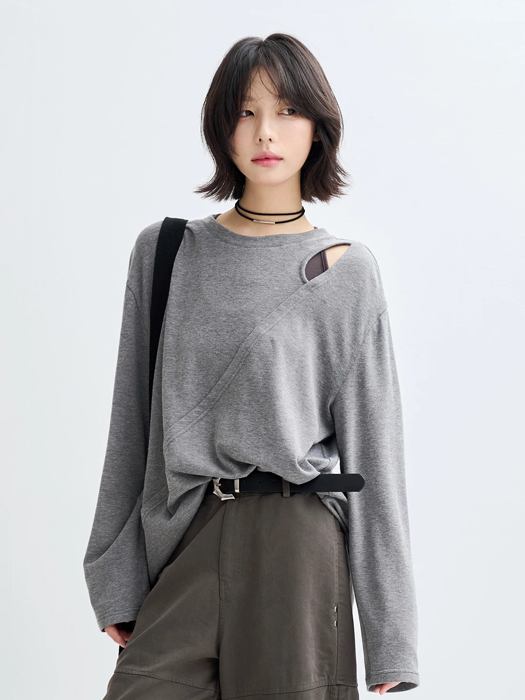 Gravity Museum Long Sleeve T-Shirt Women's Spring Autumn Loose round Neck Top Splicing Hollow out Design Pure Color Knitted F...