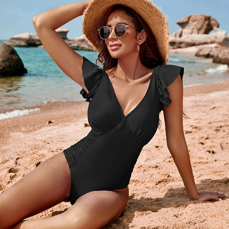 

Black One Piece Swimsuit 2025 Ruched Tummy Control Swimwear Women Swimsuit Bathing Suit Beachwear Monokini Female Swimming Suits
