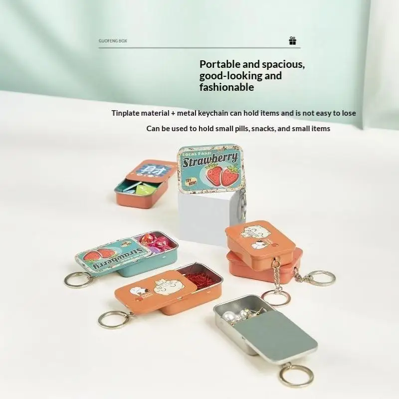 Push-Pull Slide Lid Tin Container Rectangular Metal Storage Box with Keychain for Earbuds Tiny Parts Outdoor Daily Use