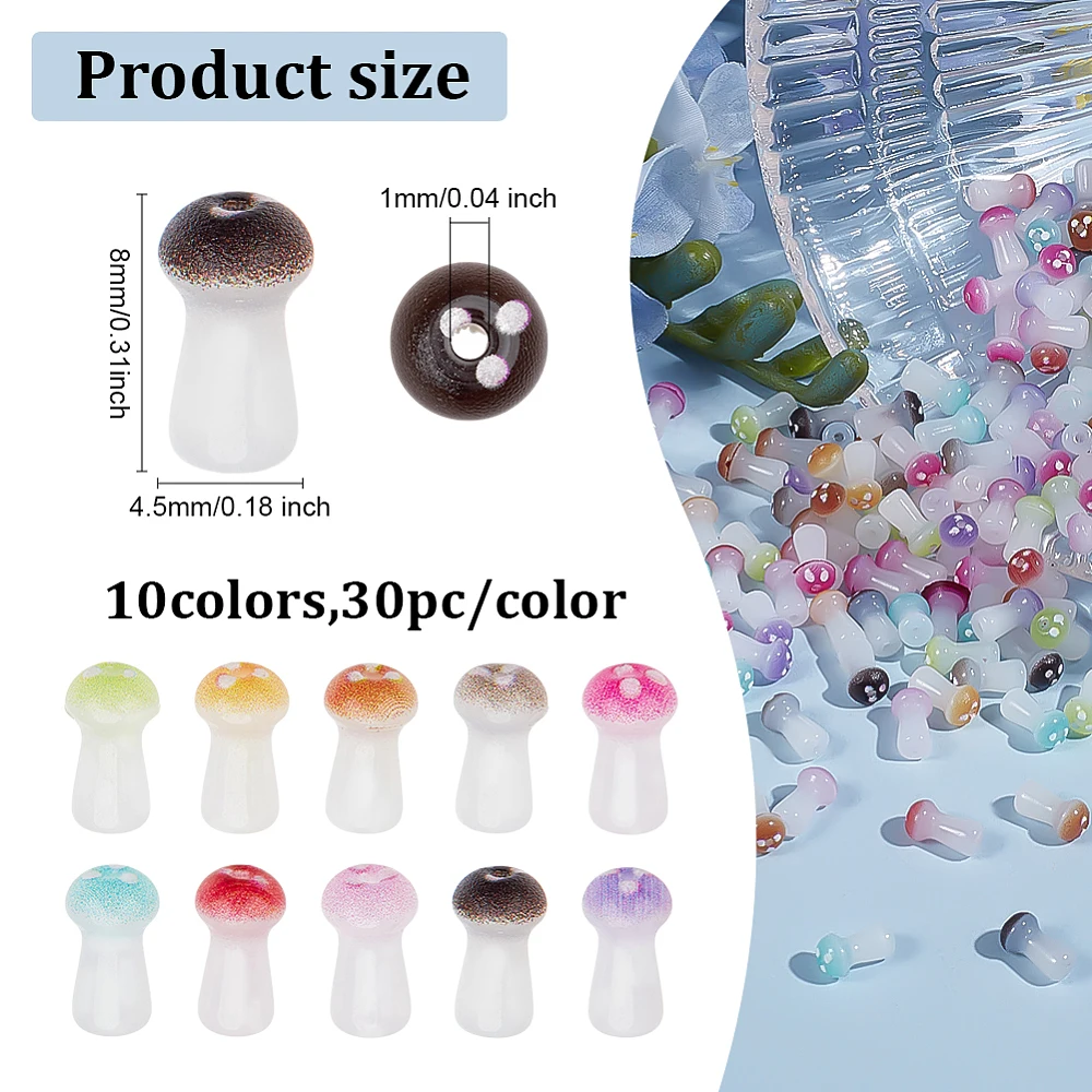 300Pcs 10 Colors Mushroom Beads 8x4.5mm Opaque Glass Mushroom Bead Charms Center Drilled Glass Food Spacer Loose Charms