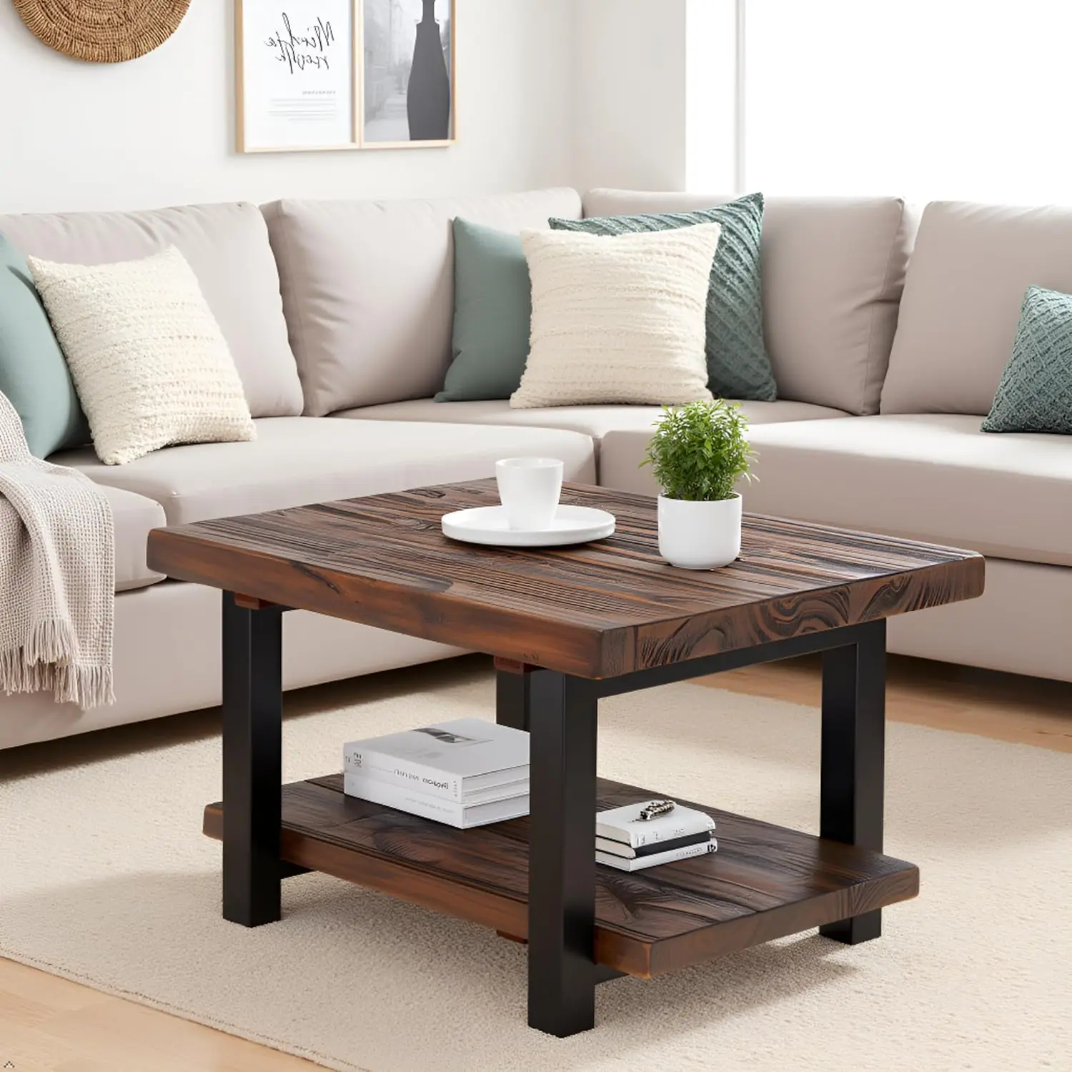 27" Rustic Square Coffee Table - Solid Pine Wood with Natural Weathered Finish & Industrial Metal Legs