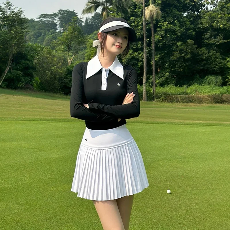 Swan Love Golf Clothing Set para mulheres, colarinho de lapela, camisa polo de manga comprida, alta elástica respirável Sports Top, terno de saia plissada, novo