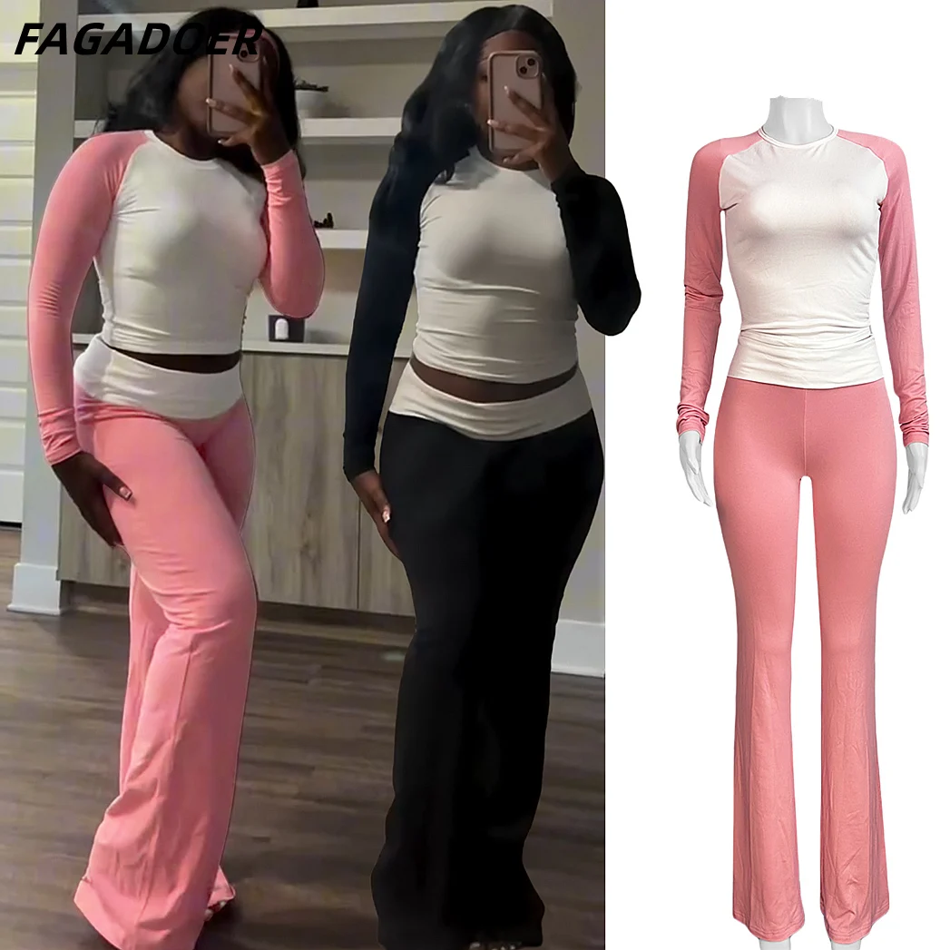 FAGADOER Jesienno-zimowy 2-częściowy strój damski Casual Color Block Top z długim rękawem i spodnie rozkloszowane z niską talią Y2k Streetwear