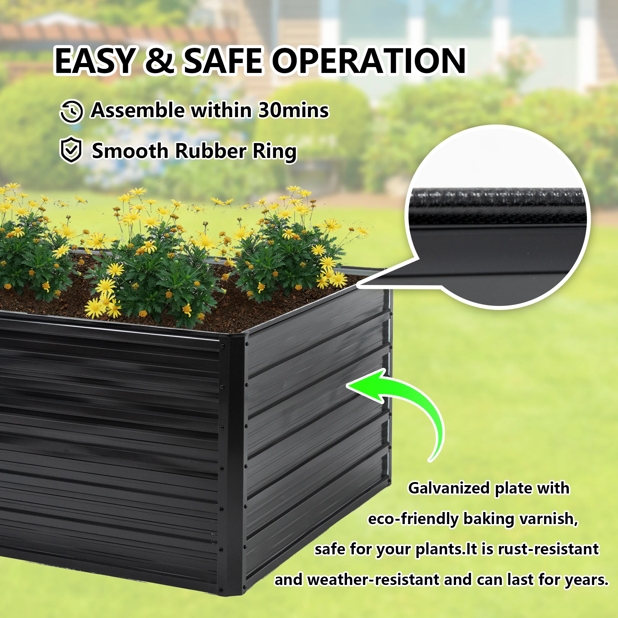 Garden Bed 2 Pack 8x4x2 ft Sturdy Heavy Duty Galvanized Metal Planter Box Set Outdoor Vegetable Flower Herbs Fruits Black view 4