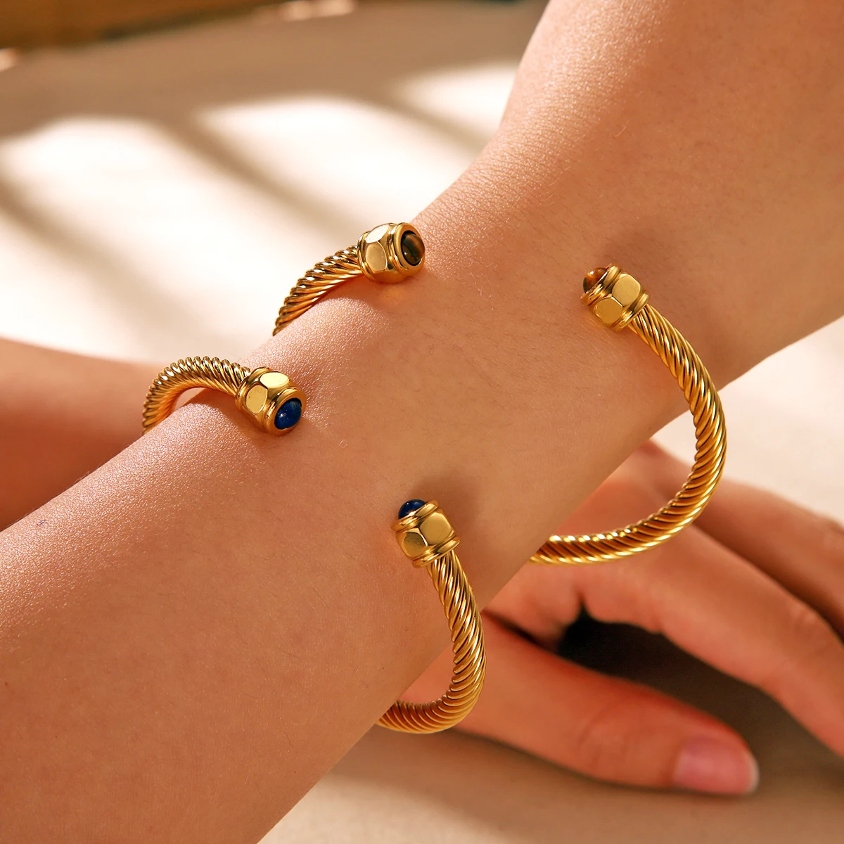 

Stainless Steel Thread Open Bracelet for Women C-shaped Inlaid Natural Stones Plated 18K Gold Jewelry Accessories Valentine Gift