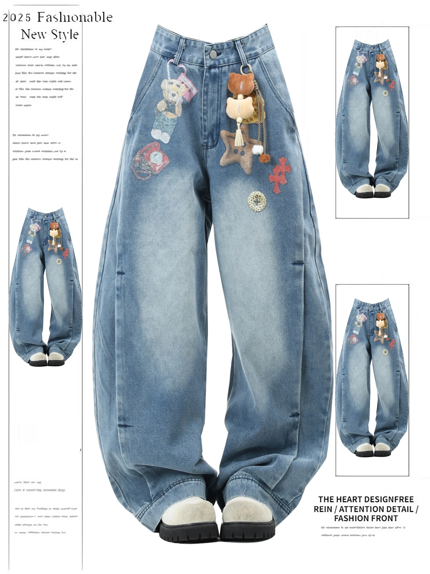 

Cartoon Bear Print Wide Leg Jeans Women's High Waist Straight Cut Knife Vintage Waed Casual Comfortable Blue Denim