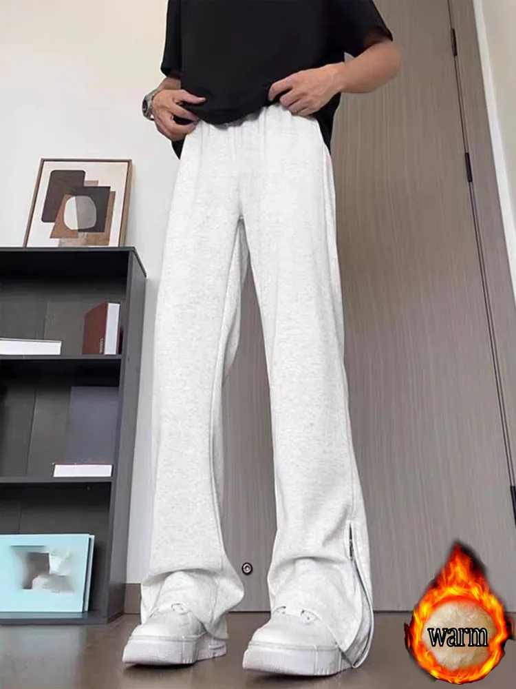Spodnie unisex w stylu koreańskim na jesień i zimę z bocznym zamkiem błyskawicznym, szerokie nogawki, długie spodnie, ocieplane polarem i pogrubione, nowe, codzienne, wygodne, uniwersalne spodnie dresowe.