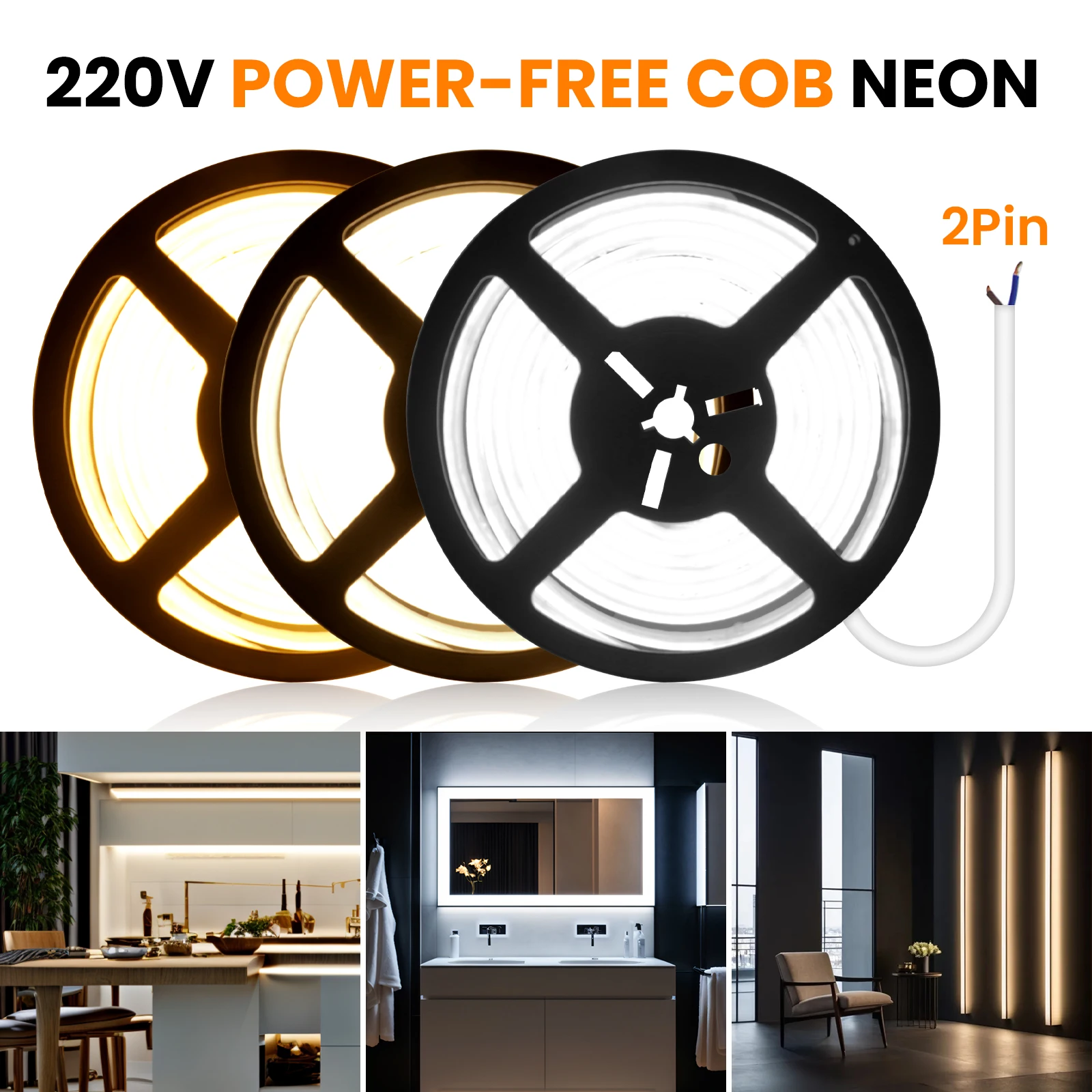 230V COB Strip LED Neon Light With IC 240LEDs/M IP65 Warm/Neutral/White FOB Flexible Adhesive Tape Ribbon Lamp 2Pin Wire EU Plug