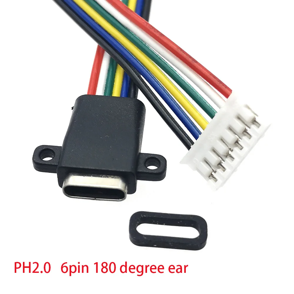 Conector tipo USB-C tipo C, cable de soldadura de 6 pines, hembra, resistente al agua, anillo de goma, puerto de carga rápida de alta corriente