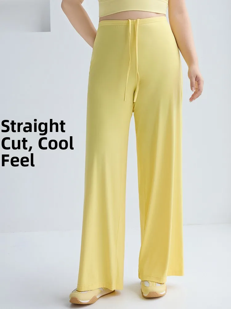 

New 2025 plus Size Yellow ark Pants Women Summer Outdoor Wear Yoga Pants Straight Thin Loose Ice Silk Wide Leg Trousers