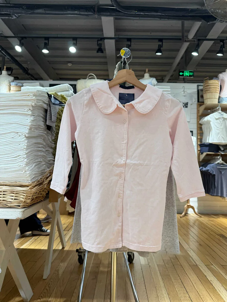 

Autumn Pink Half Sleeve Slim T-shirt Blouse Women Peter Pan Collar Single Breasted Tops Tees New Preppy Style Sweet Tee Shirts