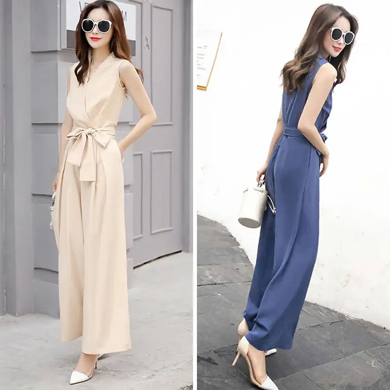 Office Lady Jumpsuits 2025 Solid Women Sleeveless V-Neck Wide Leg Long Pants Rompers Ladies Bowknot Lace-up Size Trousers