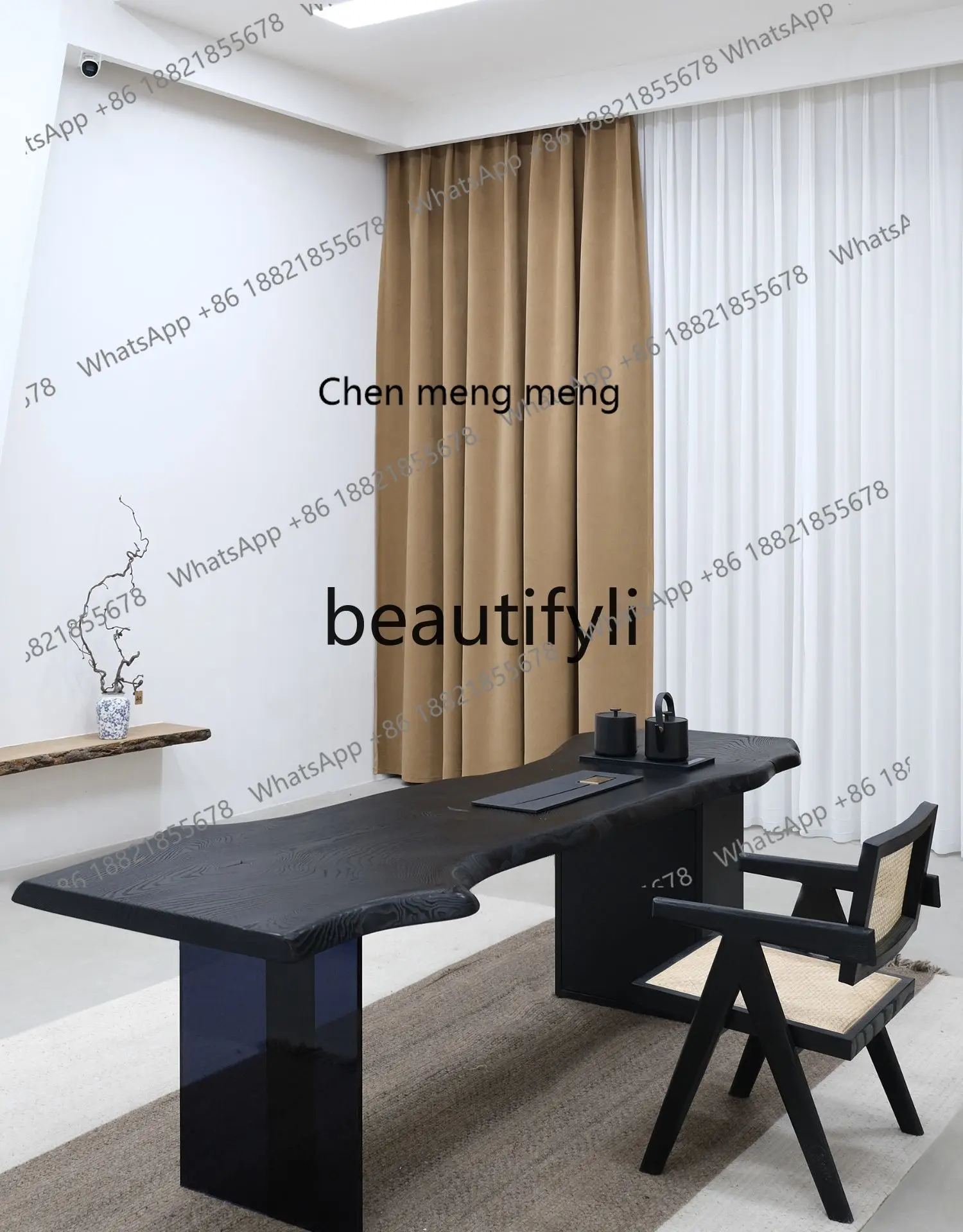 wabi sabi medieval carbonized black solid wood tea table, designer desk log special-shaped large board tea table  R