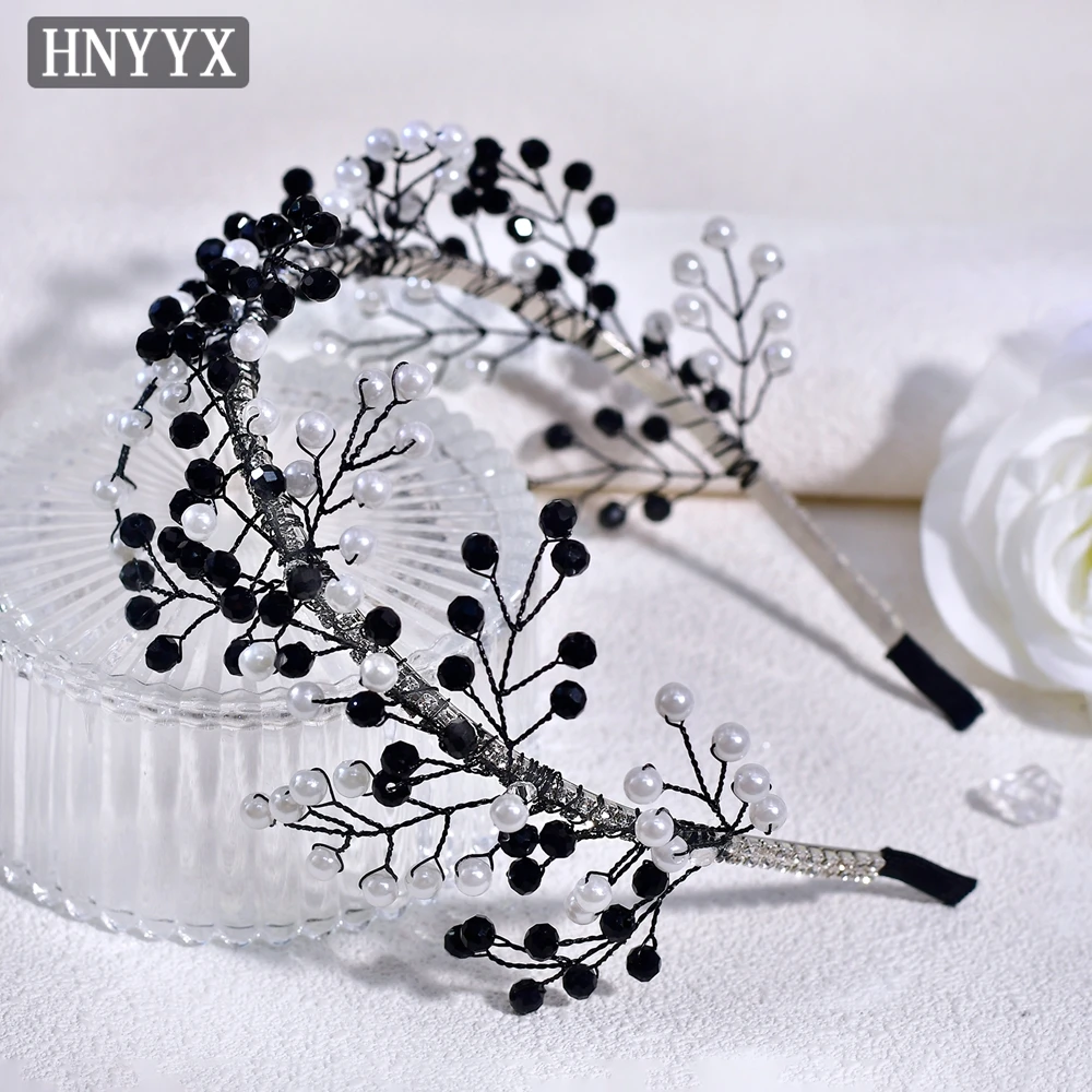 

HNYYX Black Crystal Hair Bands White Pearl Hair Accessories Handmade Bridal Headpieces Party Headband Branches Crown A305