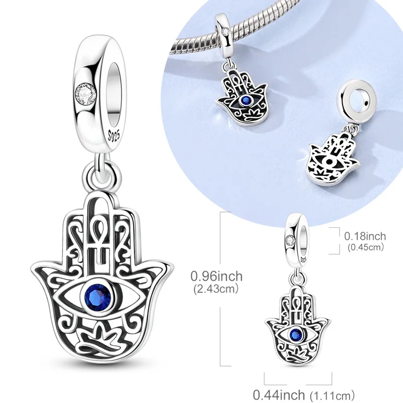 Abalorio de Plata de Ley 925 Original con Ojo Azul y Mano de Fátima, Colgante Compatible con Pulseras y Collares Originales para Mujer, Regalo DIY