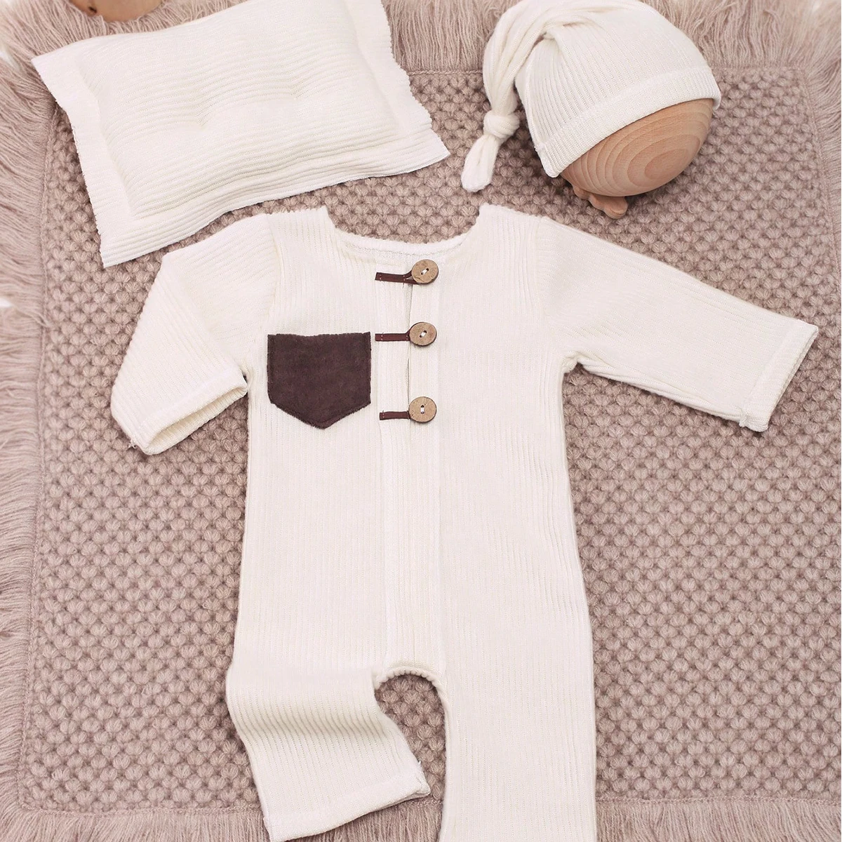 3 Pieces Set Newborn Boy  Photo Shooting Outfits Patch Pocket Jumpsuit Tail Hat Set with Pillow Baby Photography Clothes