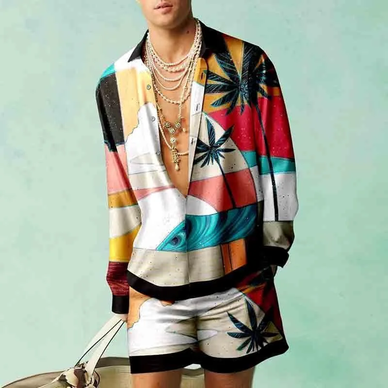 Ensemble Deux Pièces Chemise et Short pour Homme, Tenue de Luxe, Style Européen, Streetwear, à la Mode, Hawaïen, 2 Pièces