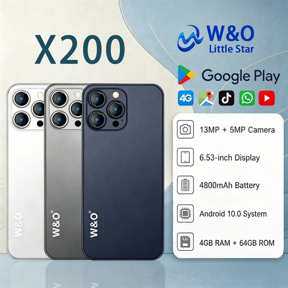 W&O X200 4G Global Version Smartphones Android 10 6.53'' 4GB RAM+64GB ROM Dual SIM 4800mAh 13MP Camera 128GB TF Mobile Phone