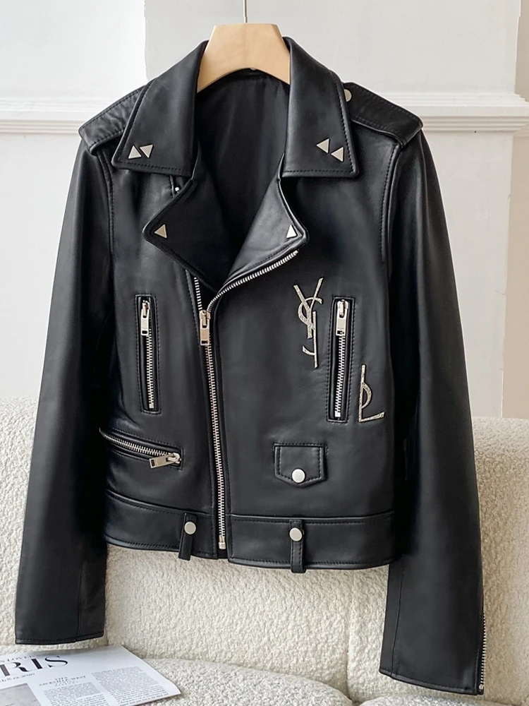 2024 Lente Nieuwe Hoge Kwaliteit Echt Schapenleer Jas Dames Slim Fit Zwarte Bikerjas Met Notch Kraag Korte Jas