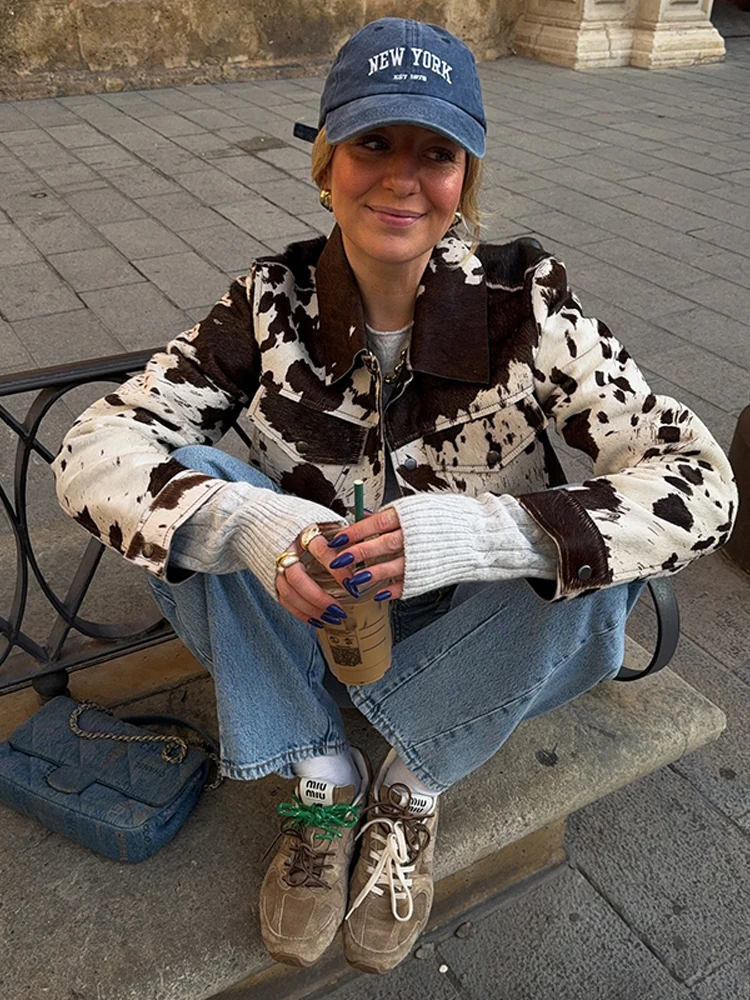 

Casual Full Sleeve Print Short Jacket Women Chic Lapel Single Breasted Buckle Pocket Cropped Coat Lady New Highstreet Outerwear