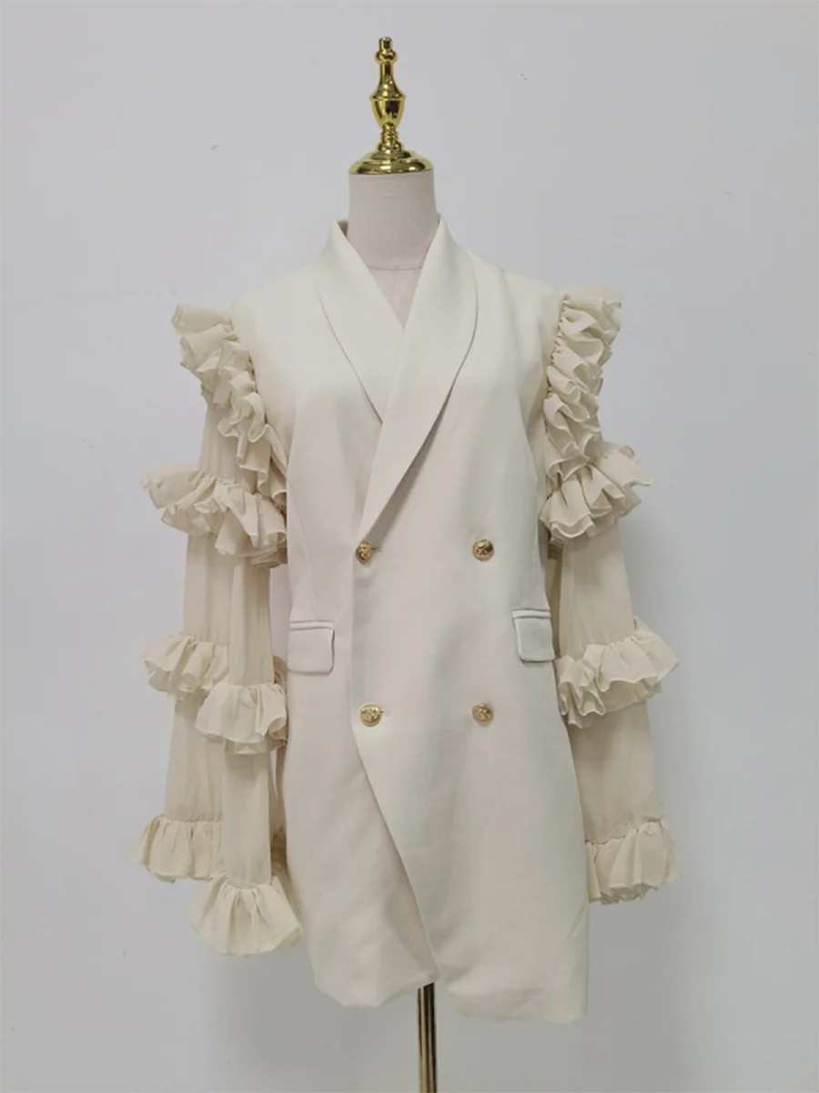 Twotwinstyle moda pura emendado babados dobras blazers para mulheres lapela mangas compridas túnica retalhos botões blazer feminino novo