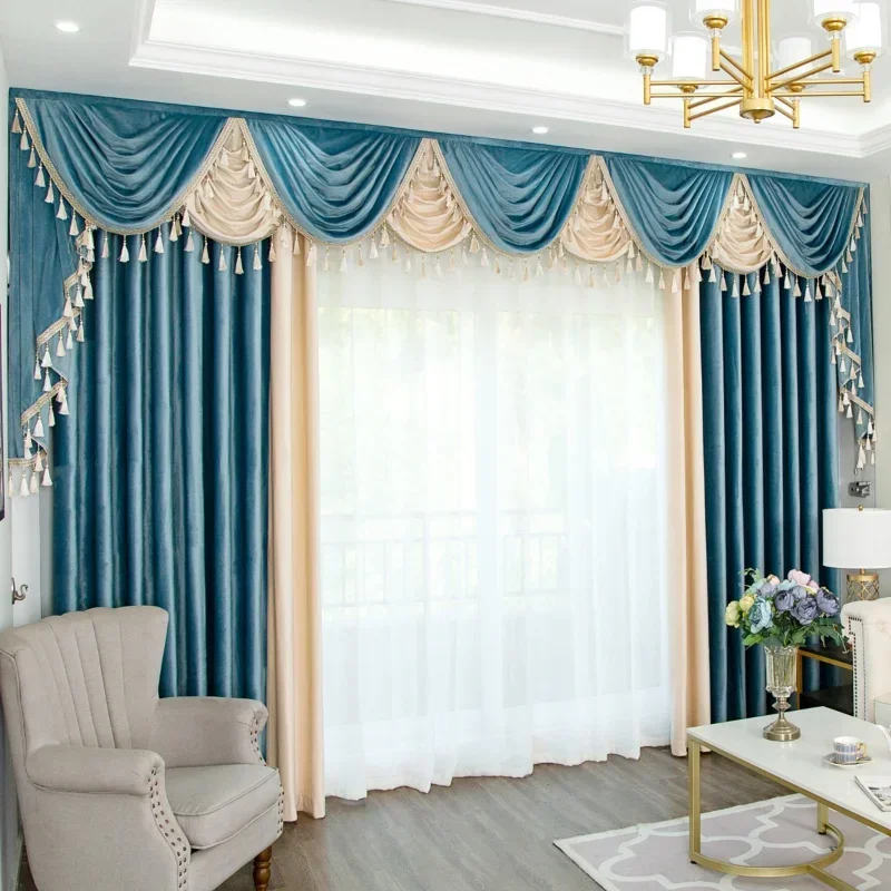 European Style Curtains for Living Dining Room Bedroom Cloth Solid Color Splicing Blackout Flannelette Villa Curtain Head Window