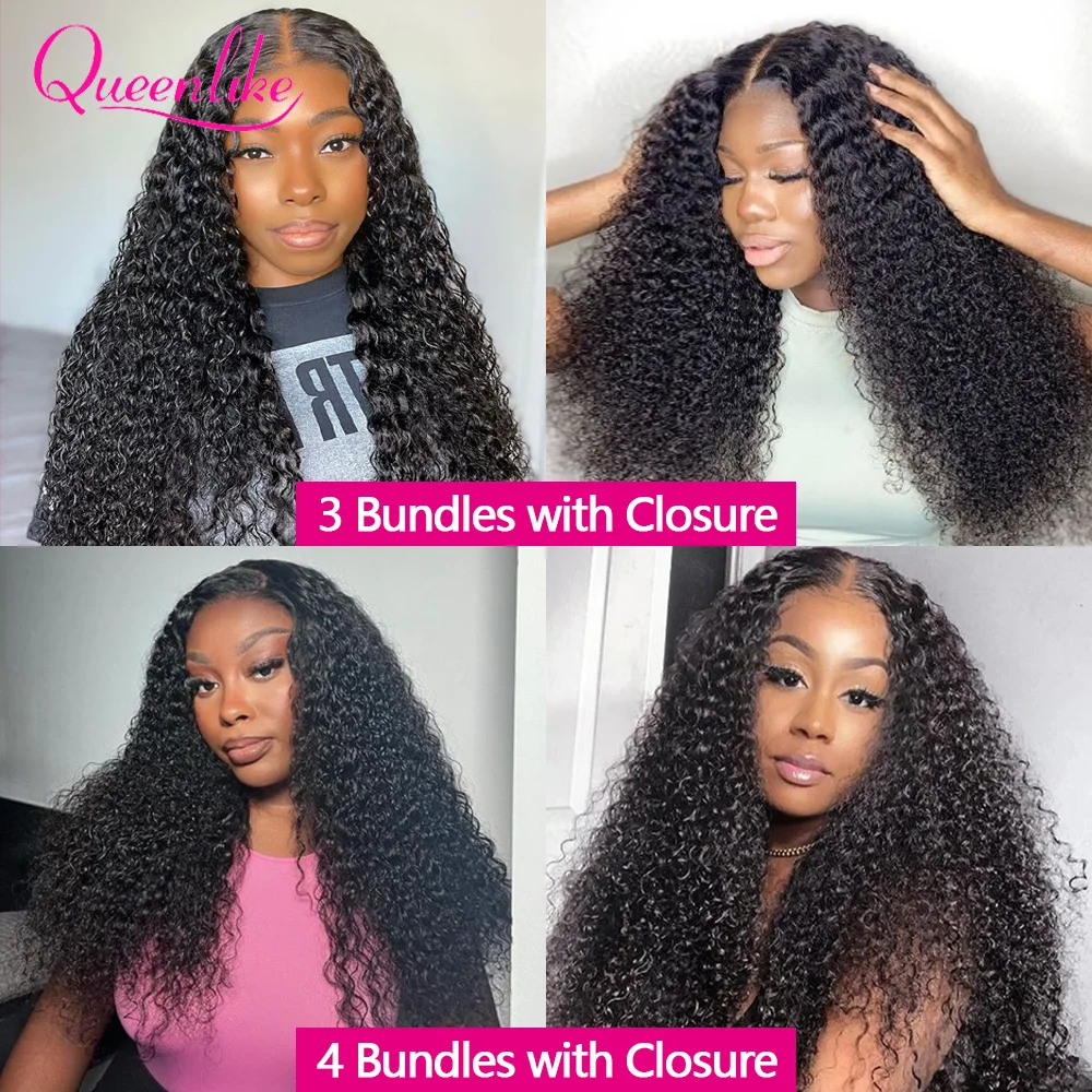 Queenlike-Pacotes de cabelo encaracolado com fechamento, Weave Remy brasileiro, Kinky Curly Bundles, 100% cabelo humano, 24 ", 26"