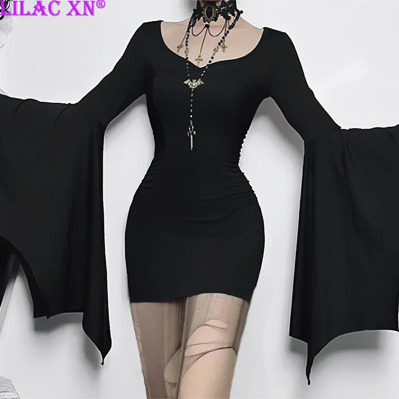 

Y2K Goth Black Batwing Long Sleeve Bodycon Party Dresses Vintage Sexy V-Neck Slim Mini Dress New Fashion Women Short Dress